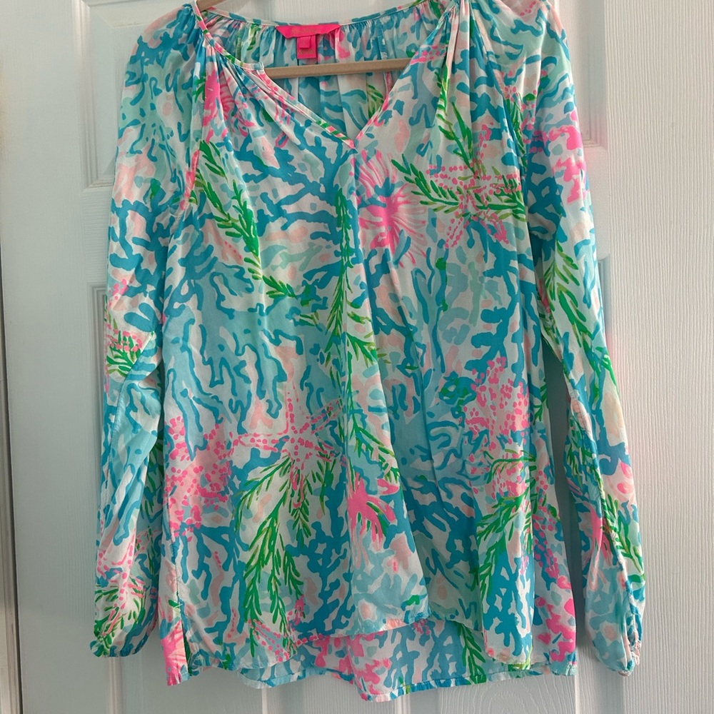 Blue and Pink Long Sleeve Relaxed Blouse with Crew Neck